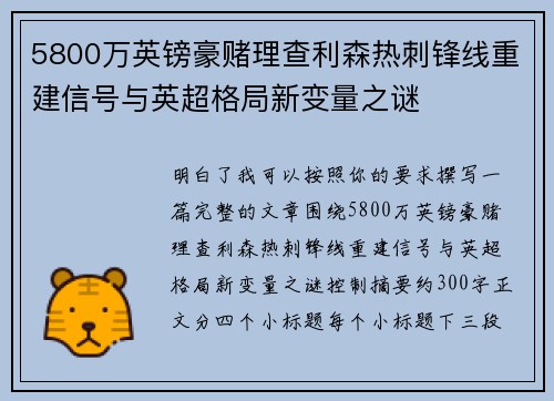 5800万英镑豪赌理查利森热刺锋线重建信号与英超格局新变量之谜 5800万英镑豪赌理查利森热刺锋线重建信号与英超格局新变量之谜