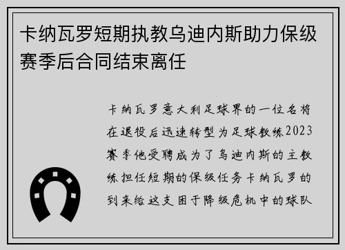 卡纳瓦罗短期执教乌迪内斯助力保级赛季后合同结束离任